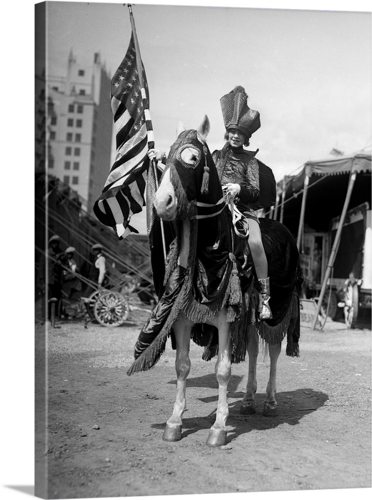 1930s Smiling Man On Horse Wearing Costume Hat Holding U.S. Flag Horse Wearing Fringed Cape.