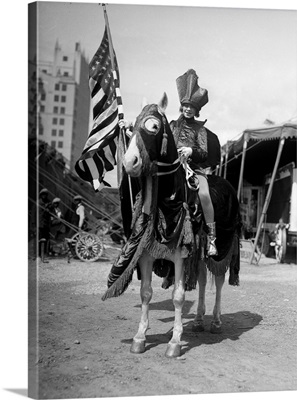 1930s Smiling Man On Horse Wearing Costume Holding U.S. Flag Horse Wearing Fringed Cape