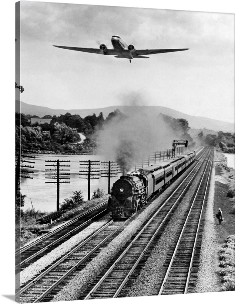 1930s Three Forms Of Transportation Man Walking By Train Tracks 4 Mph Steam Engine Train 40 Mph Airplane Above 200 Mph.