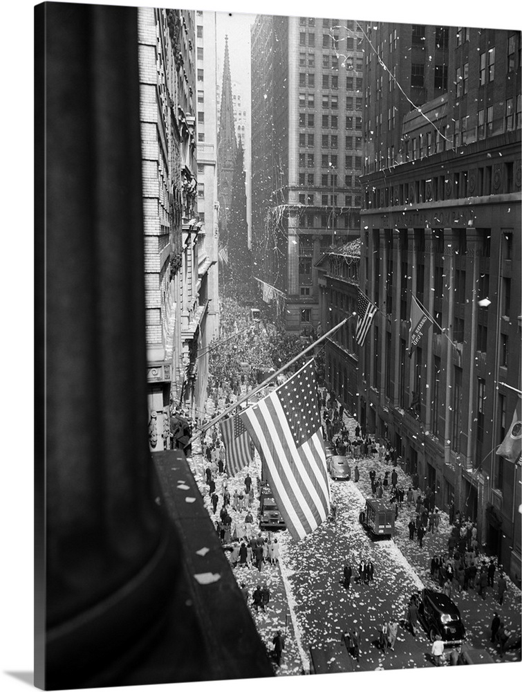 1940's 1945 Aerial View Of VE Day Celebration On Wall Street NYc With Flags And Confetti Flying.