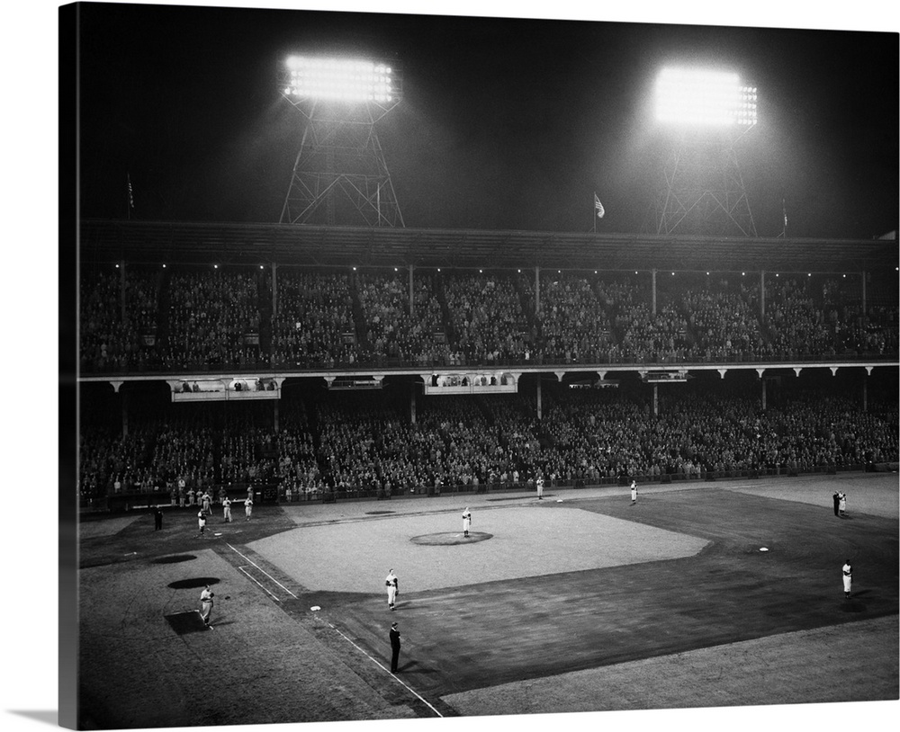 1940's 1947 Baseball Night Game Under The Lights Players Standing For National Anthem Ebbets Field Brooklyn New York USA.