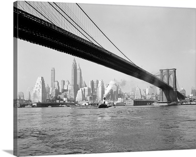 1940's 1950's Skyline Of Lower Manhattan With Brooklyn Bridge