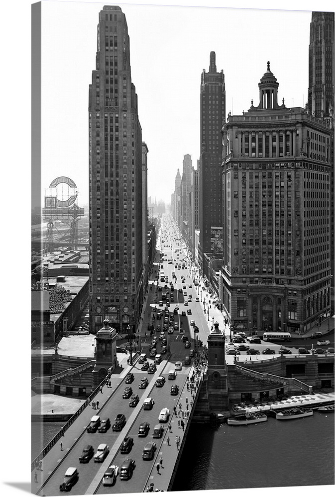 1940's Downtown Skyline Michigan Avenue Chicago Illinois USA.