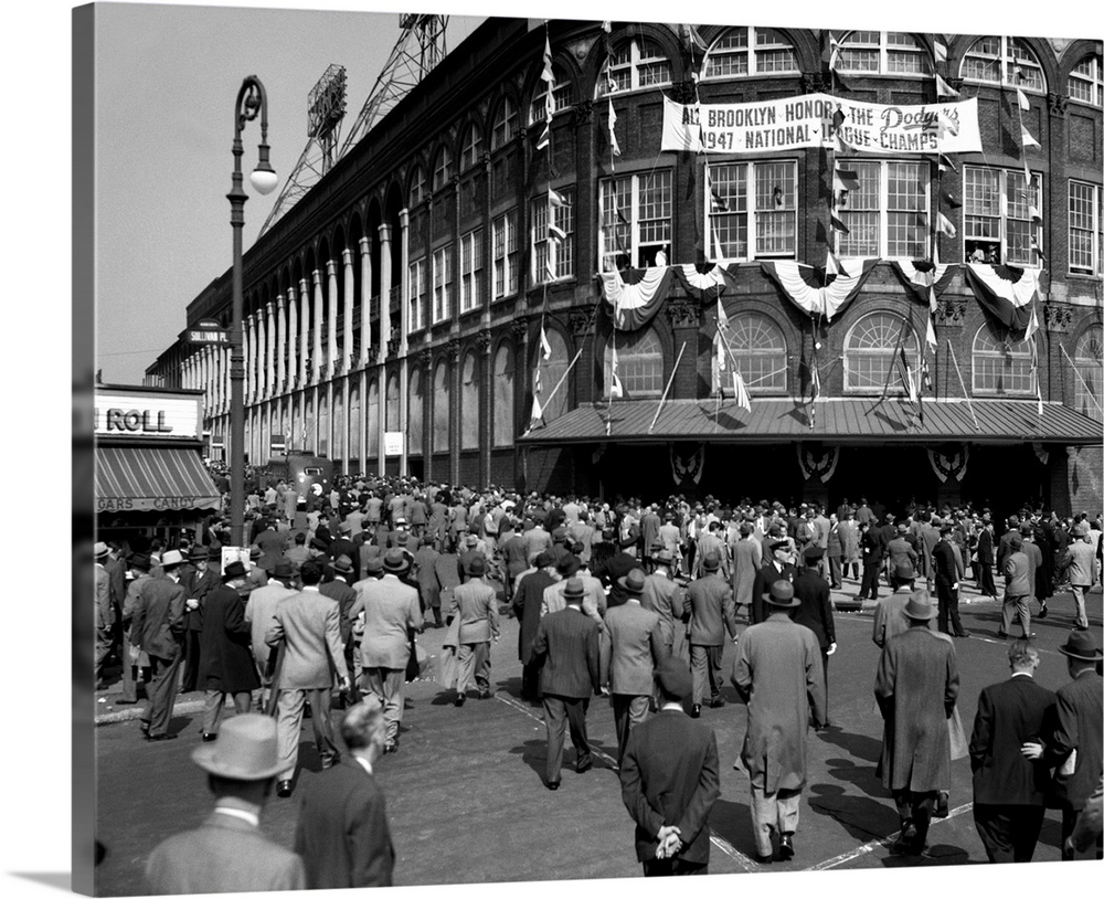 1940's October 1947 Dodger Baseball Fans Pour Into Main Entrance Ebbets Field Brooklyn Borough New York City USA.