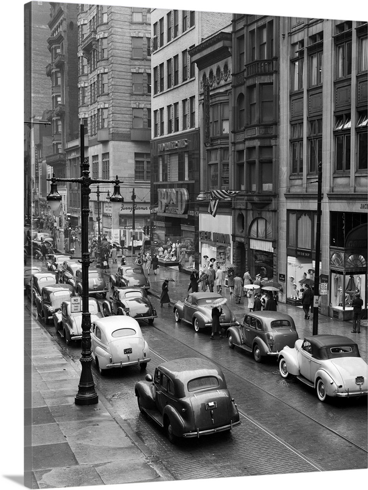 1940's Rainy Day On Chestnut Street Philadelphia Pa Cars Pedestrians Storefronts.