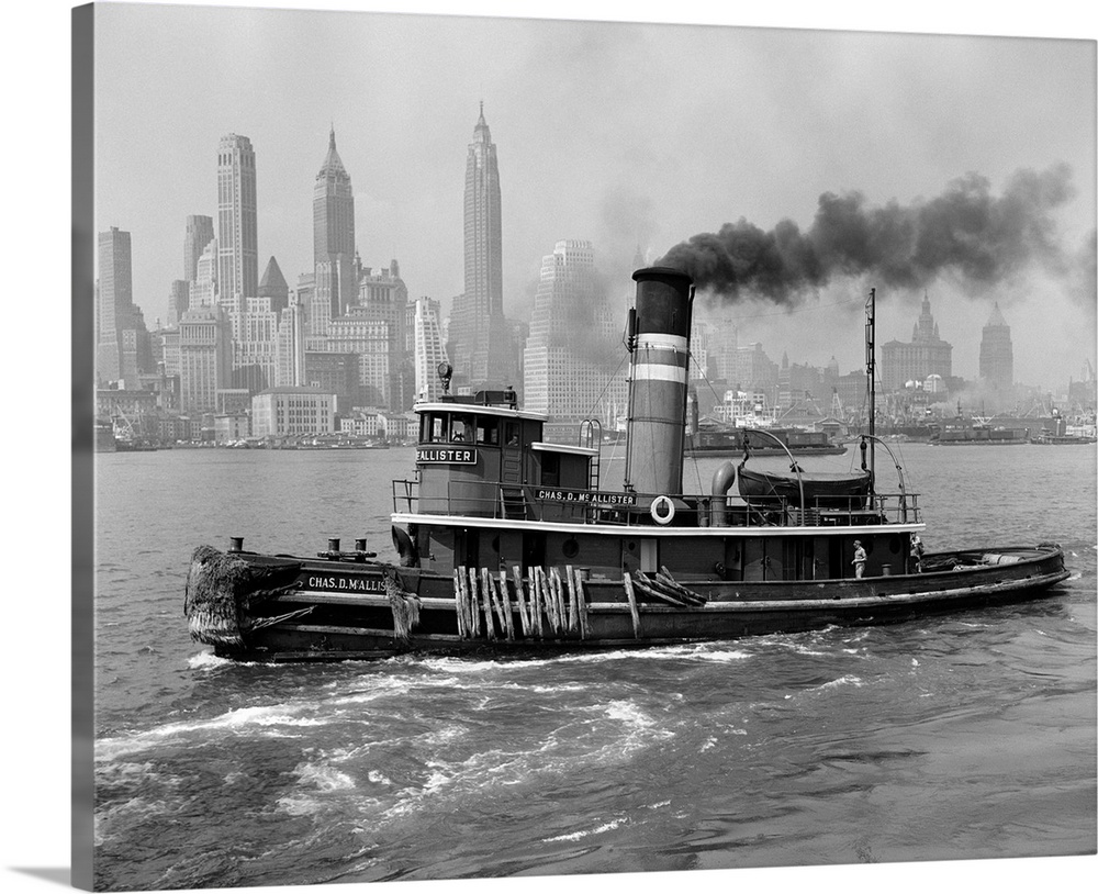 1940's Steam Engine Tugboat On Hudson River With New York City Skyline In Smokey Background Outdoor.