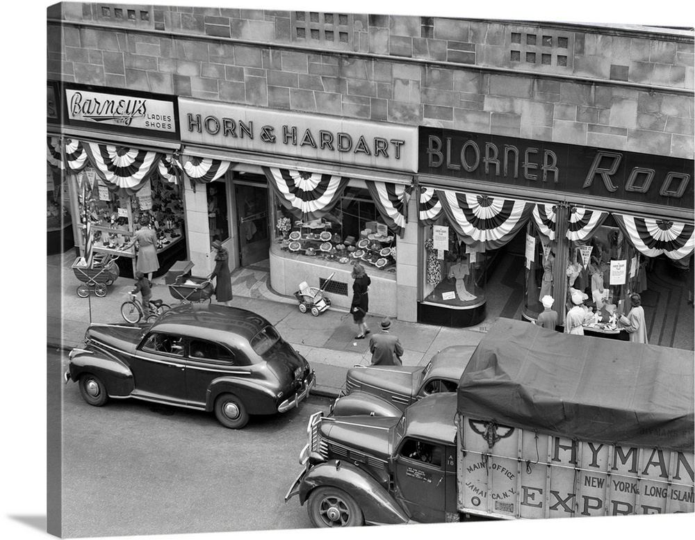 1940's Store Fronts Decorated With Parade Bunting Main Street 82Nd Street Jackson Heights Queens New York City USA.