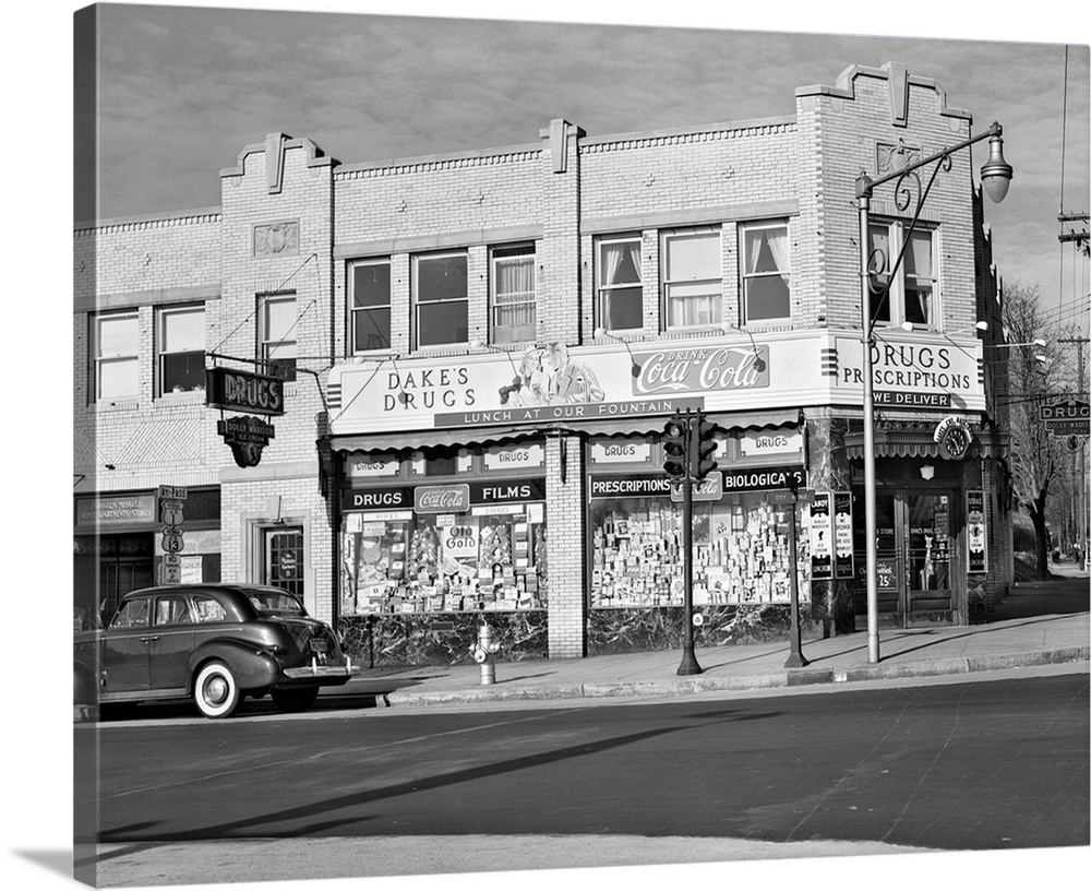 1940's Storefront Drugstore Windows Full Of Products Advertising Lunch Fountain.