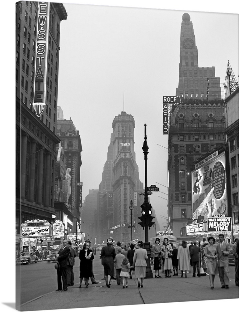 1940's Times Square At Twilight Night Looking South From Duffy Square Towards NY Times Building Pedestrians Neon Movie Mar...