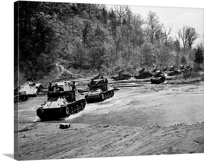 1940s World War II 12 Us Army Armored Tanks On Maneuvers Crossing A River Stream