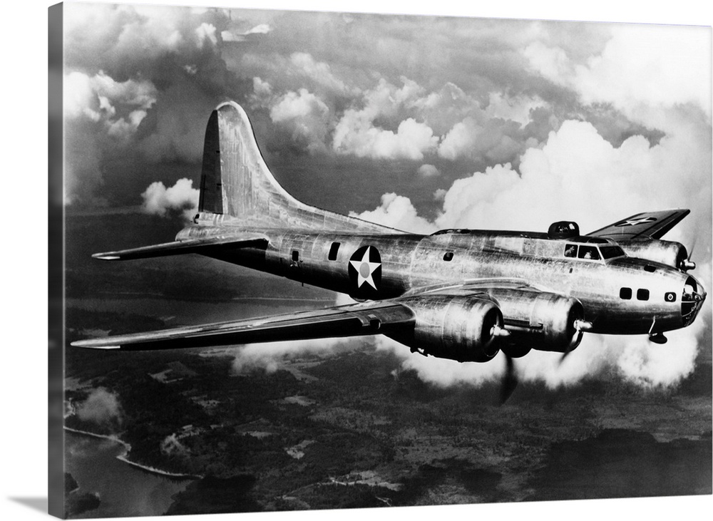 1940s World War II Airplane Boeing B-17e Bomber Flying Through Clouds.