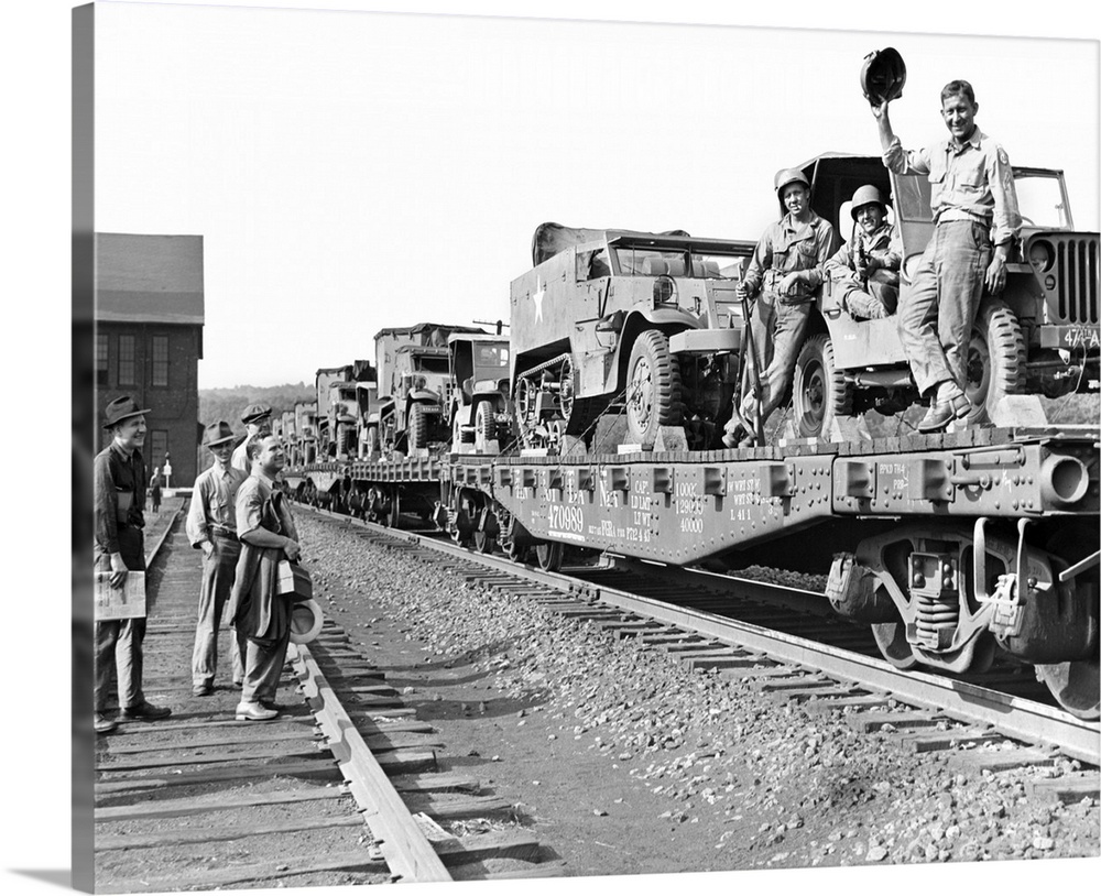 1940's World War Ii Freight Train Of Jeeps And Half Tracks On Way To The Front Factory Workers Bid Farewell To Soldiers On...