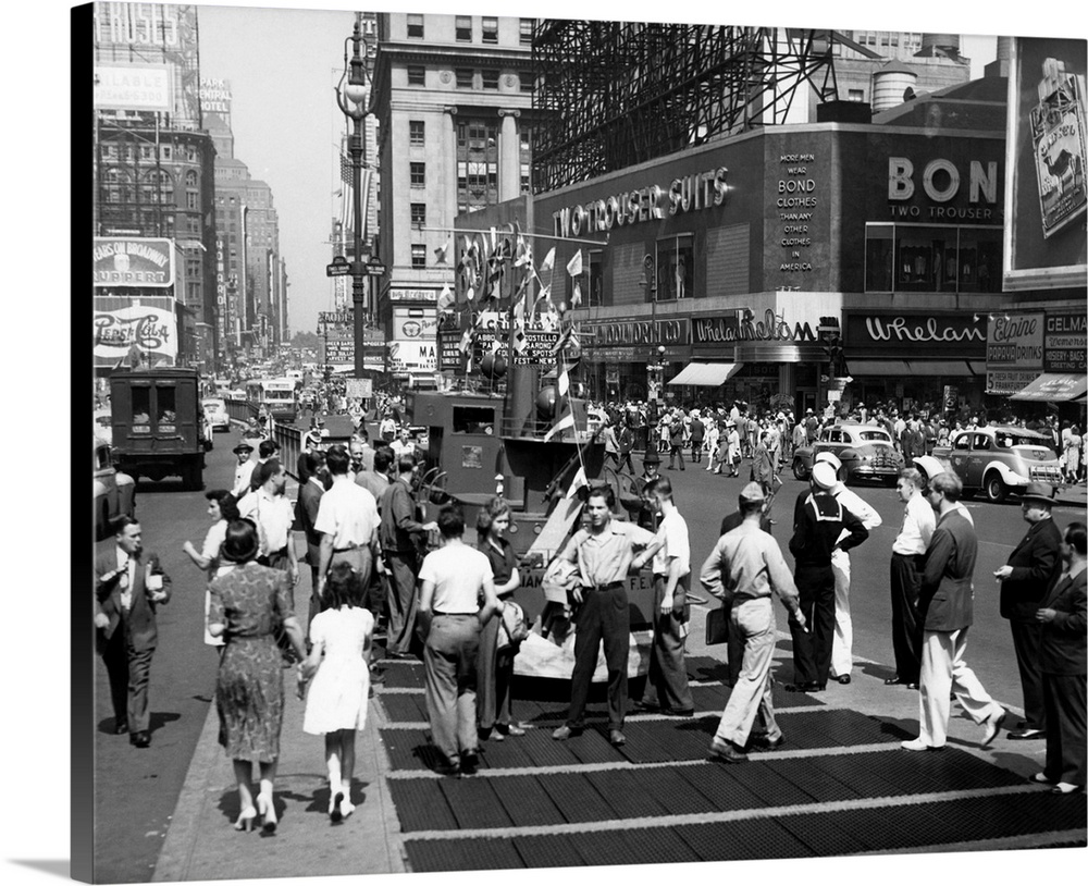 1940's Wwii Wartime Pedestrians Traffic Two Sailors Model Of Navy Ship Recruiting Station Times Square Manhattan New York ...