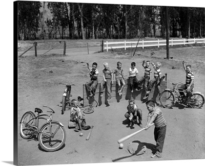 1950s 10 Neighborhood Boys Playing Sand Lot Baseball Most Wear Blue Jeans Tee Shirts