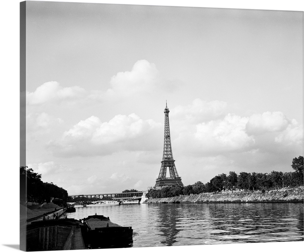 1950's 1960's Eiffel Tower Along River Seine Paris France.