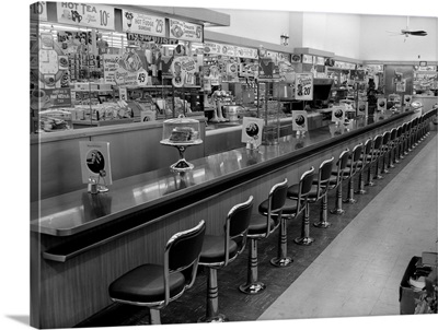 1950s 1960s Interior Of Lunch Counter With Chrome Stools
