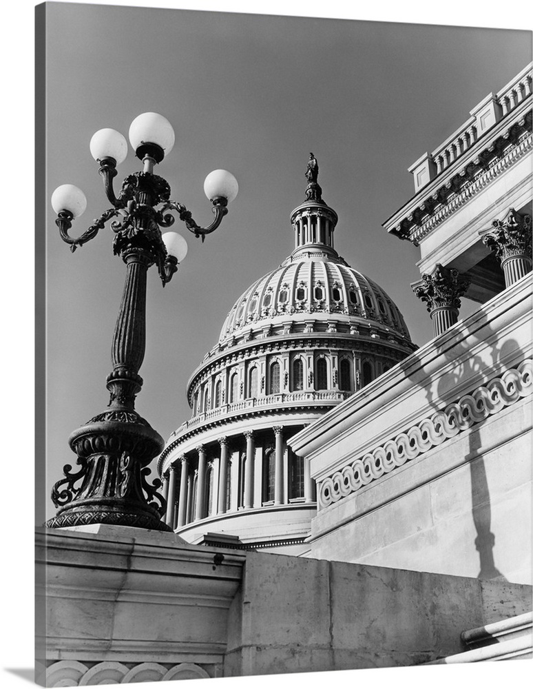 1950's 1960's Low Angle View Of The Capitol Building Dome And Architectural Details Washington Dc USA.