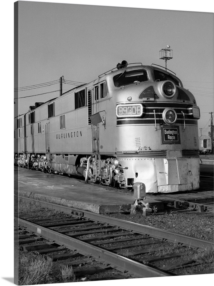 1950's 1960's Streamlined Burlington Route Railroad Train Diesel Locomotive Engine At Station.