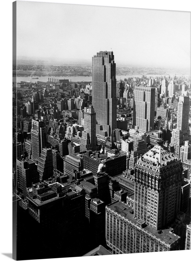 1950's Aerial View New York City Midtown Rockefeller Center Radio City In Middle Grand Central Station In Foreground.