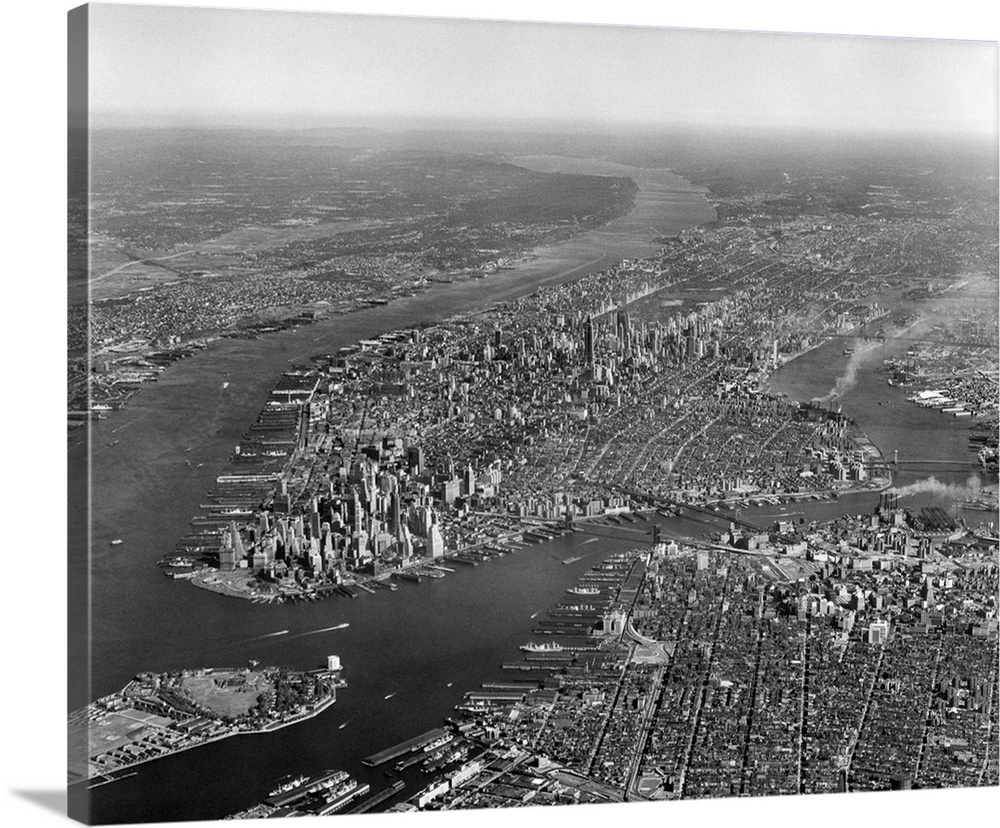 1950's Aerial View Of Manhattan Island On Left Is Hudson River On Right Is East River And Brooklyn Lower Left Is Governors...