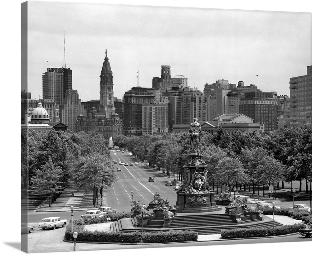 1950's Benjamin Franklin Parkway Looking Southwest From Art Museum Past Eakins To Logan Circle To City Hall Philadelphia P...