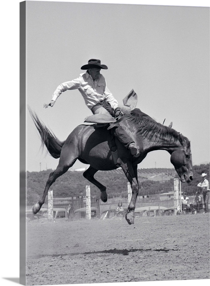 1950s Cowboy Riding A Horse Bareback On A Western Ranch USA.