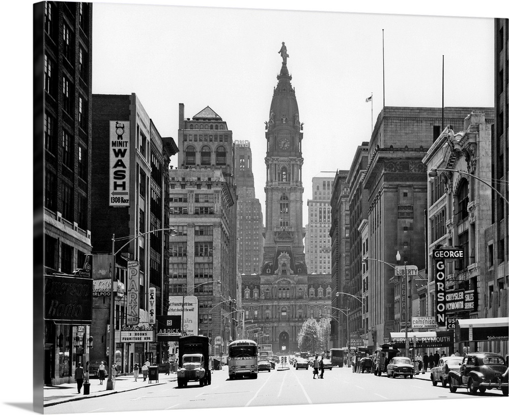1950's Downtown Philadelphia Pa USA Looking South Down North Broad Street At City Hall.