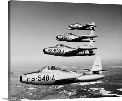 1950s Four Us Air Force F-84 Thunderjet Fighter Bomber Airplanes In Flight Formation