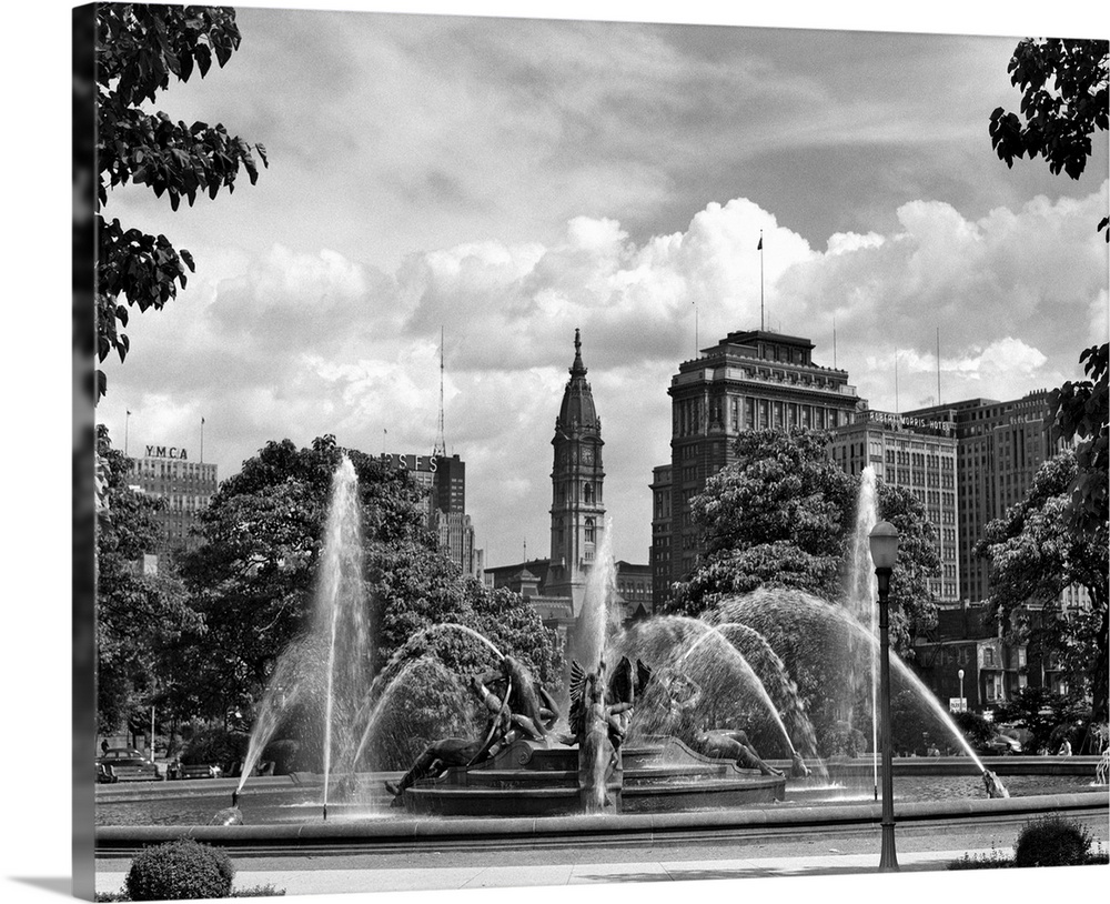 1950's Philadelphia Pa USA Looking Southeast Past Swann Fountain At Logan Circle To City Hall Tower.