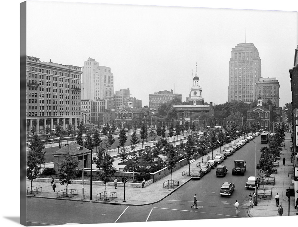 1950's Philadelphia Pa USA Looking Southeast At Historic Independence Hall Building And Mall.