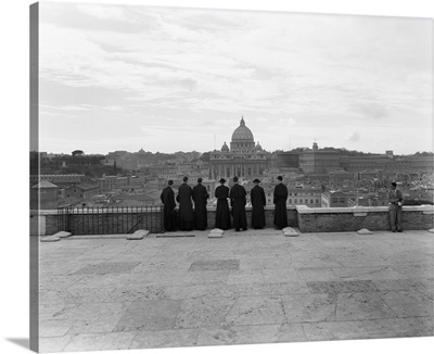 1950's Rome Italy Back View Of Student Priests Lined Up By Wall Overlooking City