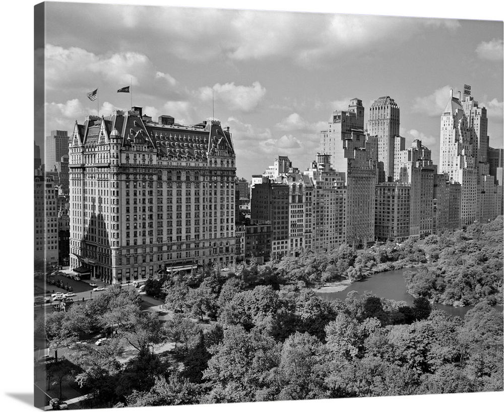 1950's Skyline Of New York City Manhattan 57th Street Along Central Park Plaza Hotel.