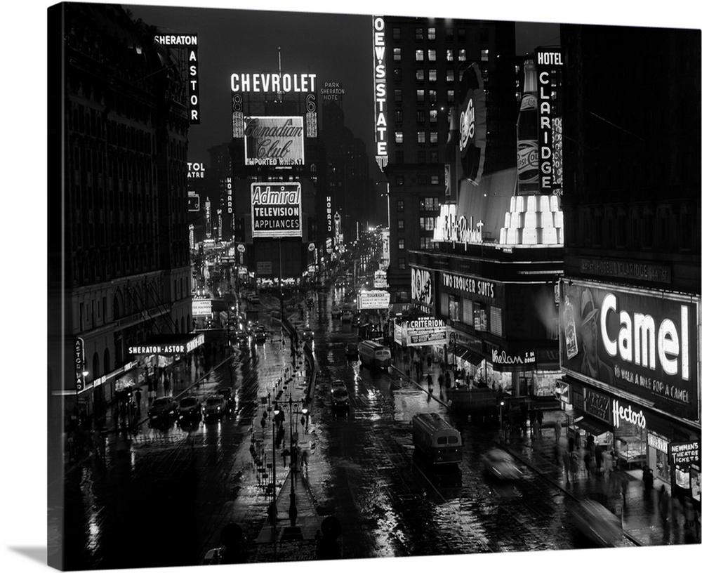 1950's Times Square Night From Times Building Up To Duffy Square Neon Signs Broadway Great White Way.