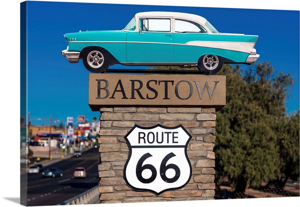 1957 chevy welcomes travelers to barstow california and old route 66.