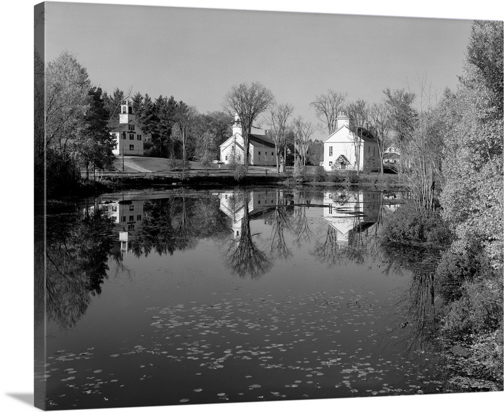 1960's 1950's Small Town White Public Buildings Around Lake Spring Church School Town Hall Washington Nh USA.