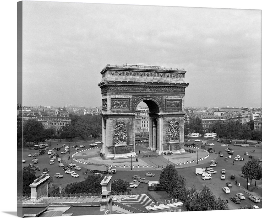 1960's Arc De Triomphe In Center Of Place De L'Etoile Champs Elysees At Lower Right Paris France.