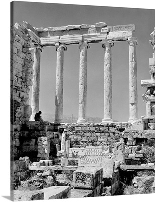 1960's Book Reader Sitting Among Greek Columns Architecture Ruins