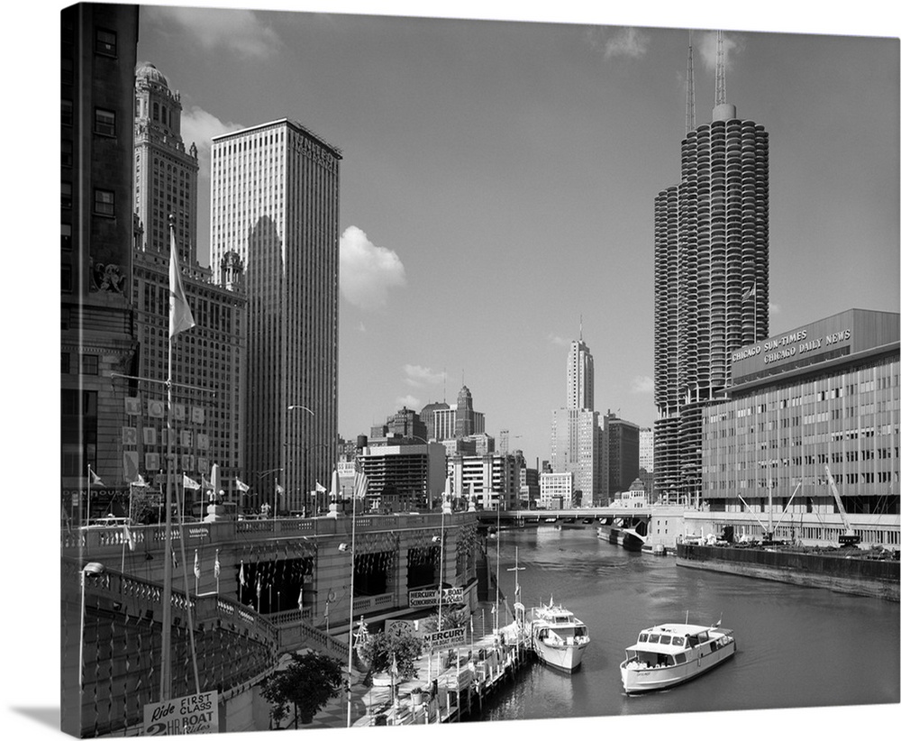 1960's Chicago River From Michigan Avenue Sun Times Building On Right And Boats In River.