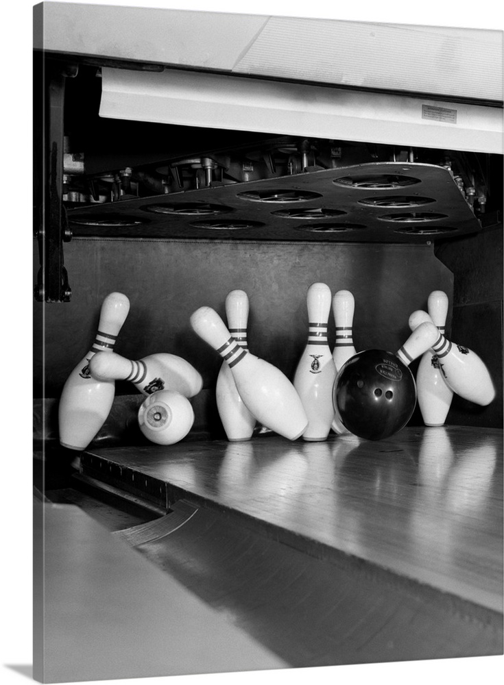 1960's Close-Up Of Bowling Ball Hitting Pins.