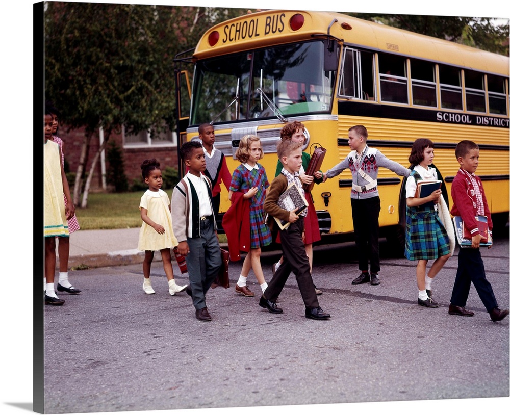 1960s Elementary School Children Cross Street Past Safety Guard With Arms Out Bus Boy Girl.