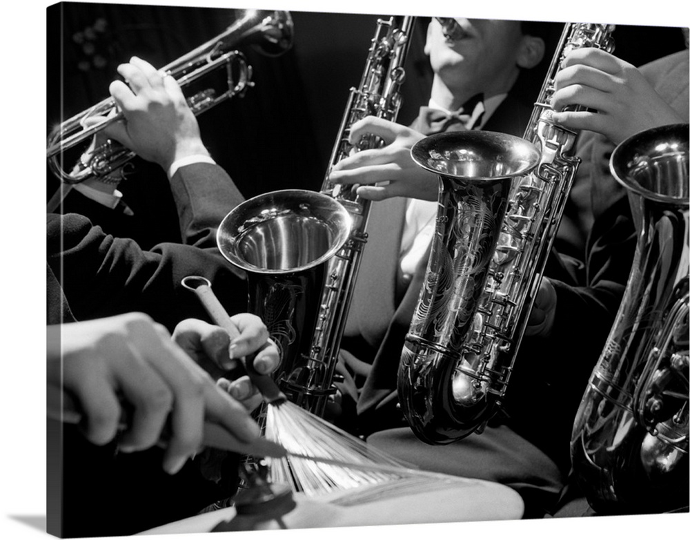 1960's Hands Of Anonymous Jazz Combo Playing Saxophones Trumpet And Cymbal With Wire Brush Drumstick.