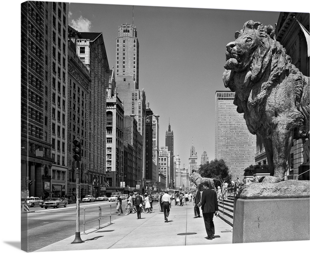 1960's People Pedestrians Street Scene Looking North Past Art Institute Lions Chicago Il USA.