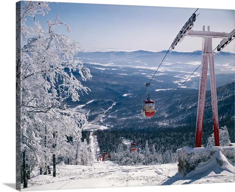 1970's Scenic From Top Of Mountain Ski Slope Looking Down Into Valley Ski Lift Red Cars Snow Vista.