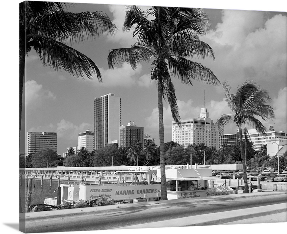 1970's Sightseeing Boat At Pier Day Light Skyline Palm Trees Miami Florida USA.