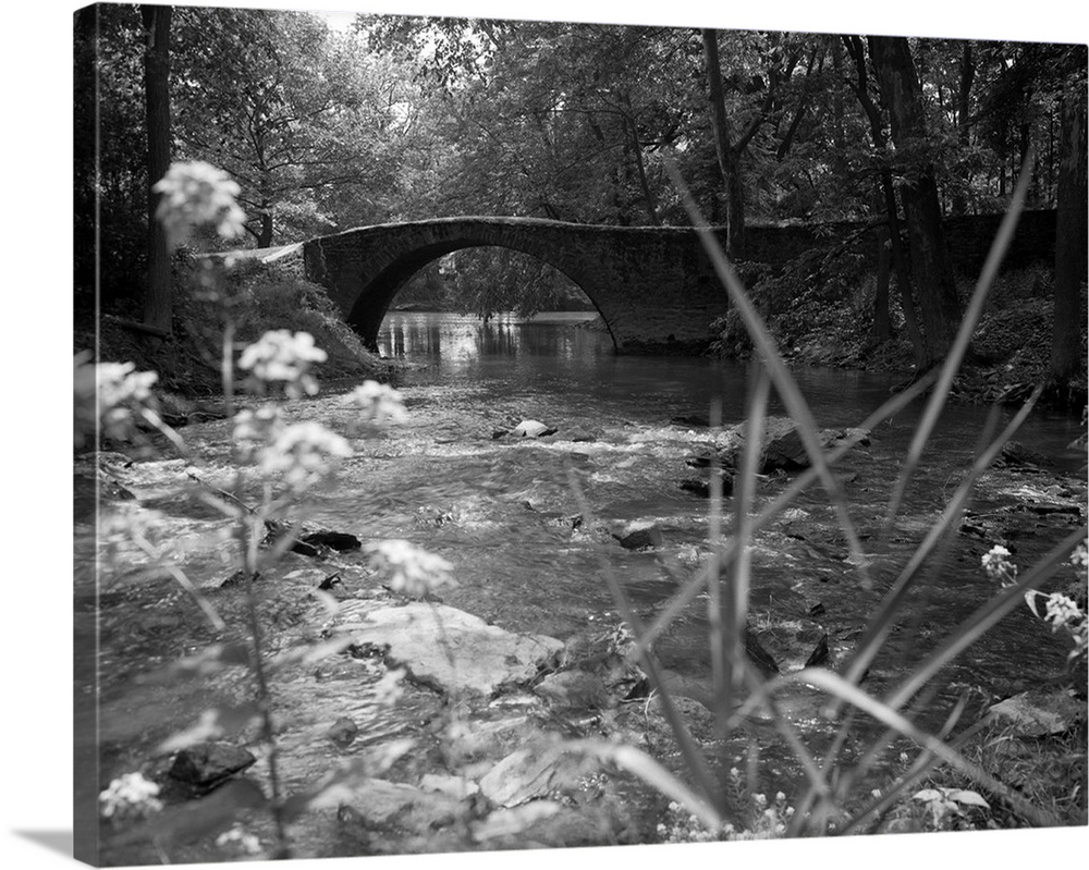 1970's Stream With Stone Bridge In Wooded Area.