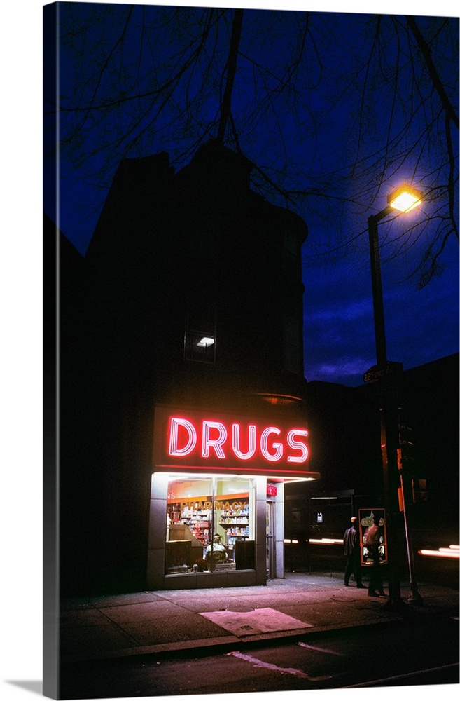 1980's 24 Hour Drug Store At Night Pink Neon Sign Drugs.