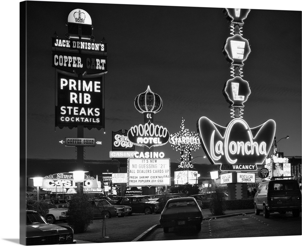 1980's Night Neon On The Strip For El Morocco La Concha Stardust Las Vegas Nevada USA.