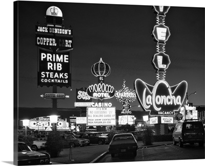 1980's Night Neon On The Strip For El Morocco La Concha Stardust Las Vegas Nevada USA