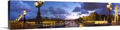 360 degree view of the Pont Alexandre III bridge at dusk, Seine River, Paris, France