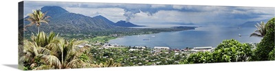 A town on the coast with volcano in the background, Tavurvur, Rabaul, Papua New Guinea